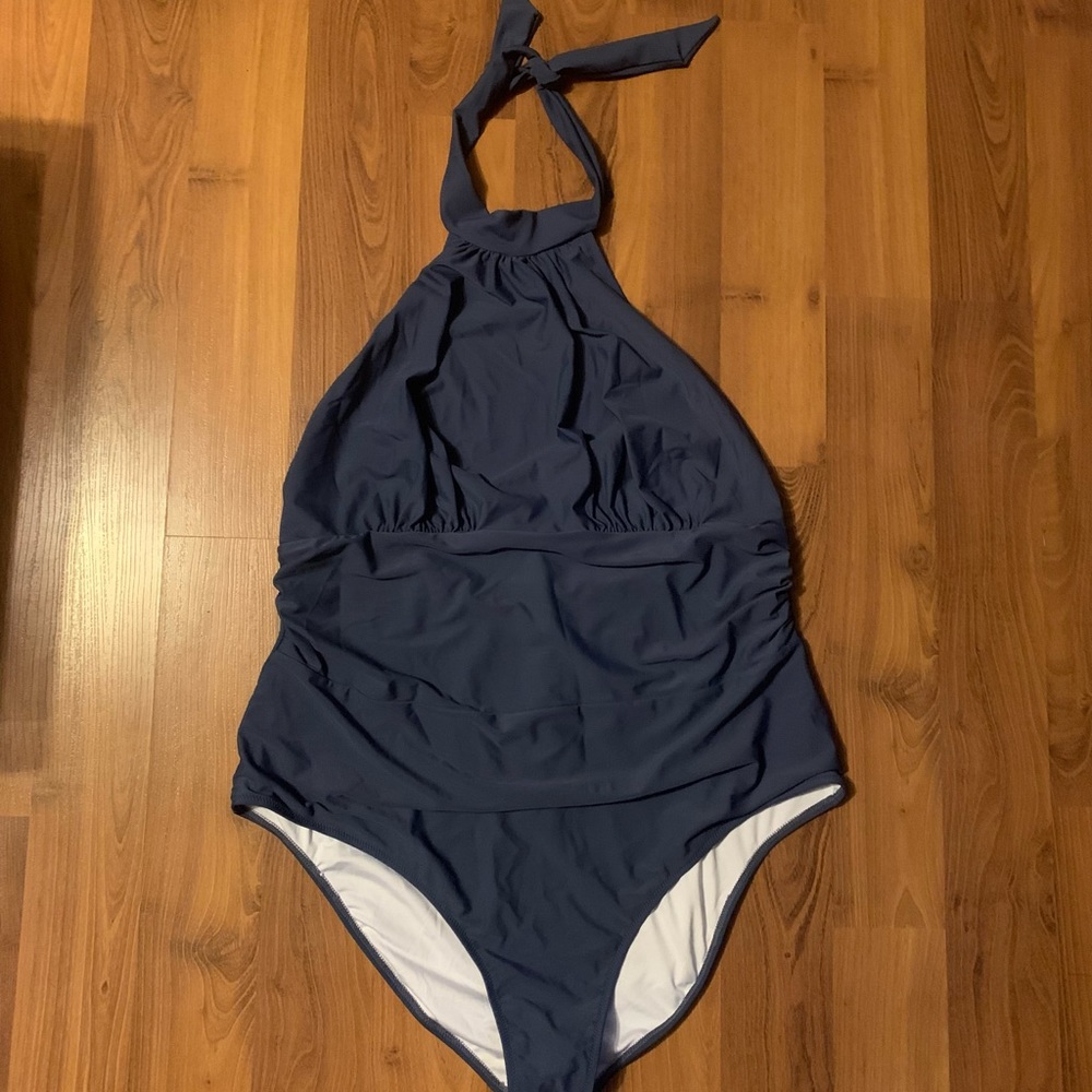 Cupshe navy blue open back tie up halter top plus size one piece bathing suit